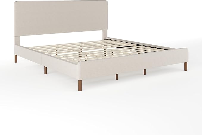 Martha Stewart Britta Platform Bed with Headboard & Footboard, Faux Linen Upholstery with Piping Detail, Rounded Headboard, No Box Spring Needed, King, Beige