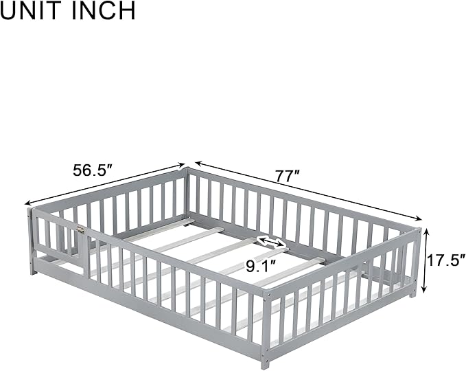 Bellemave Full Size Montessori Floor Bed Frame with Rails & Door, Solid Wood Kids Floor Bed Full with Removable Slats, Low Profile Montessori Bed for Children’s Sleep & Play, Grey