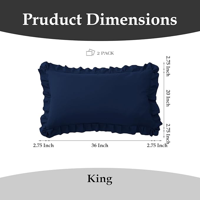 Ruffle Pillow Cases King Size Set of 2 – Soft Wrinkle Resistant Brushed Microfiber Ruffled Pillowcases –Envelope Pillow Shams Cover Festive Gift for Hotels, Guest Rooms 20x36 Inch (Navy Blue)
