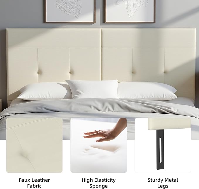 King Headboard Only with Adjustable Metal Legs, Faux Leather Upholstered Headboard King Size, Modern Stylish Headboard with Sunken Dot Design, Sturdy Bed Headboard for Bedroom, Ivory