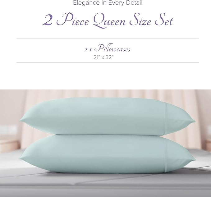 Carressa Linen 100% Egyptian Cotton Pillow Cases Queen Size Set of 2 - Luxury 600 Series Hydrangeas Collection Queen Size Pillowcases (Sea Foam), Cooling Sateen Weave Hotel Quality Bed Pillow Cover