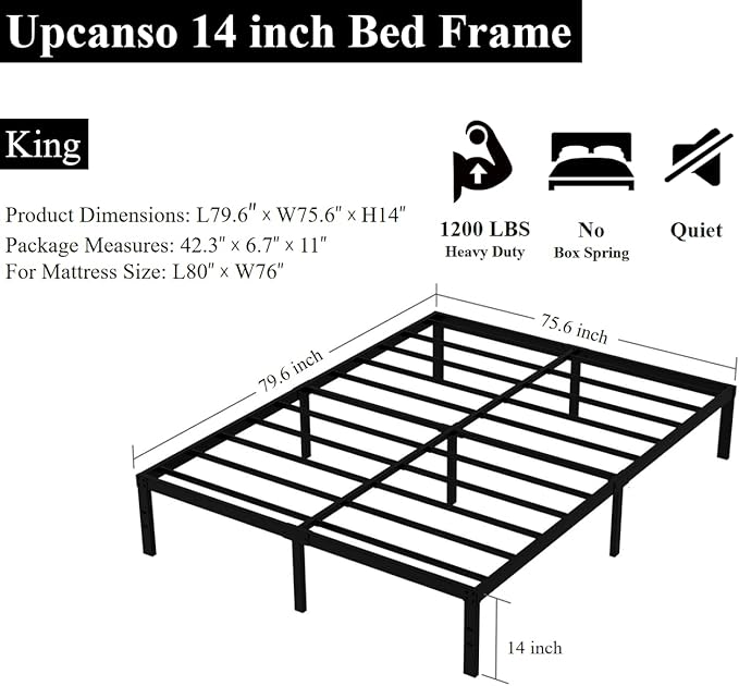 Upcanso King Bed Frame No Box Spring Needed, 14 Inch Heavy Duty King Platform Bed Frame, 1200lbs Steel Slats Support, Easy Assembly, Black
