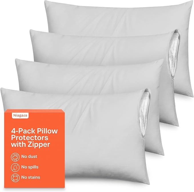 Ultra Soft Pillow Protectors with Zipper Standard Size - Set of 4 Breathable Pillow Covers - 100% Protection Against Stains, Dust & Dirt - Machine Washable (Light Gray)