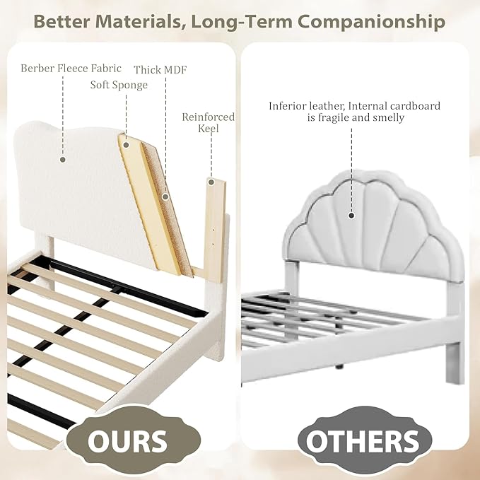 GarveeHome Upholstered Twin Size Bed Frame for Kids with Scallop Headboard, Cute Velvet Twin Bed for Girls, Boys, Sturdy Platform Bed, No Box Spring Needed, Wooden Slats, Noise Free, Beige