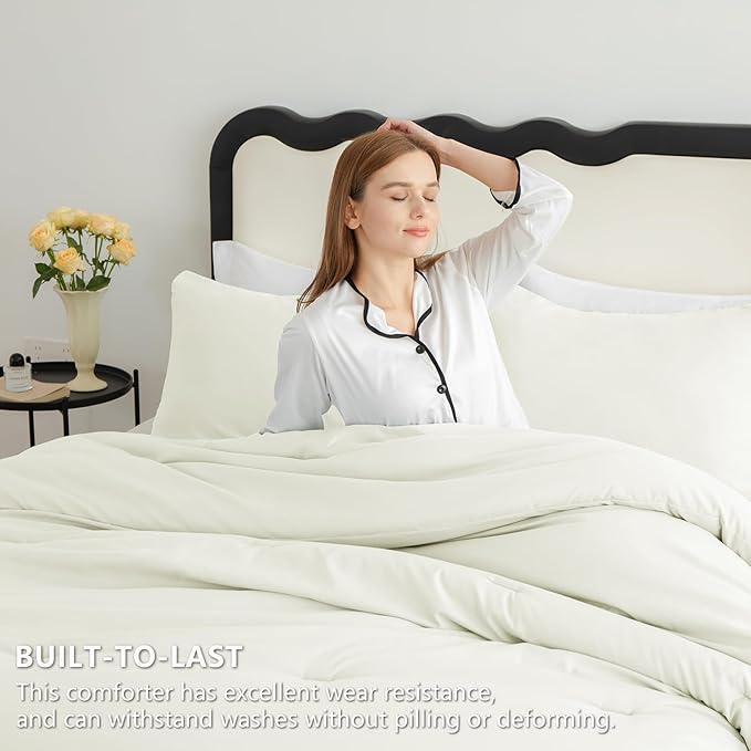 CozyLux Full Size Comforter Set Ivory, 3 Pieces Solid Breathable Quilted Bedding Sets, Luxury Lightweight Soft Bed Set with Down Alternative Comforter and 2 Pillowcases for All Seasons