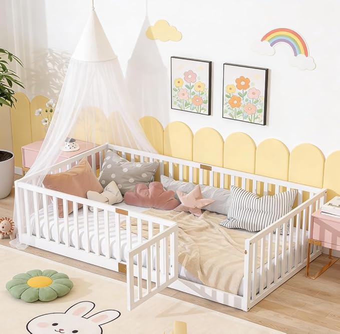 Bellemave Twin Size Montessori Floor Bed with 21.5" High Rails, Rubber Wood Twin Floor Bed with Slats and Door, White