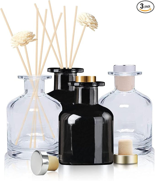 HOSSIAN Diffuser Glass Bottles Black -Empty Reed Diffuser Bottle With Sticks- Fragrance accessories use for DIY replacement reed diffuser sets (Clear+Black)