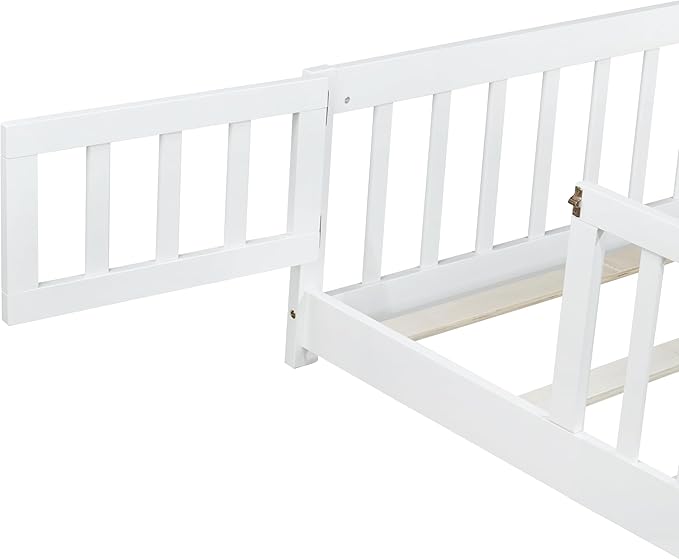 Bellemave Full Size Floor Bed with Slats and Safety Guardrail, Full Size Montessori Floor Bed with Fence and Door, Easy Assemble Montessori Beds for Kids, Girls, Boys, White