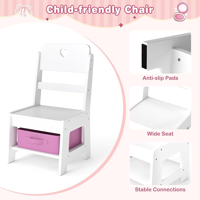 INFANS Kids Vanity with Lights, Princess Makeup Desk with Mirror, Jewelry Hanger, Fabric Drawers, Toddler Table and Chair Set Pretend Play for Girls