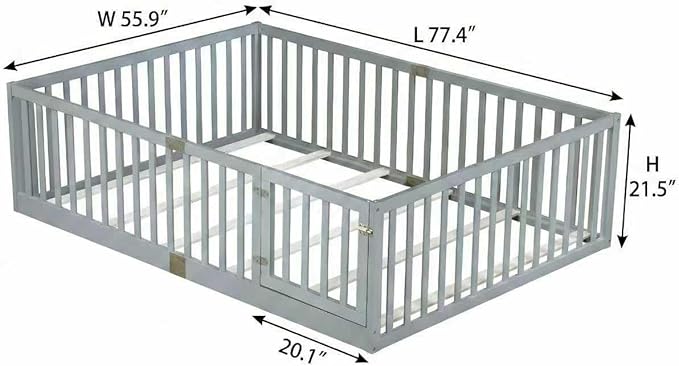 Bellemave Full Size Montessori Floor Bed with 21.5" High Rails, Rubber Wood Full Floor Bed with Slats and Door, Gray