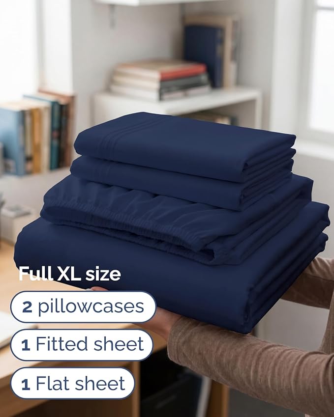 Full XL Bed Sheet - 4 Piece Full XL Bed Sheets Set - Ultra-Soft, Breathable & Cooling - Hotel Luxury Bedding for Women & Men with Deep Pockets - Wrinkle Free & Fade Resistant - Oeko-Tex - Navy Blue