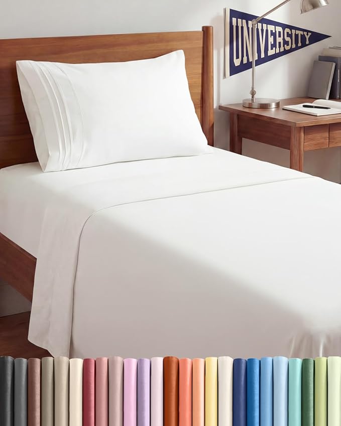 Twin XL Size 3 Piece Sheet Set - Comfy Breathable & Cooling Sheets - Hotel Luxury Bed Sheets for Women & Men - Deep Pocket, Easy-Fit, Extra Soft and Wrinkle Free - Antique White Oeko-Tex Bed Sheets