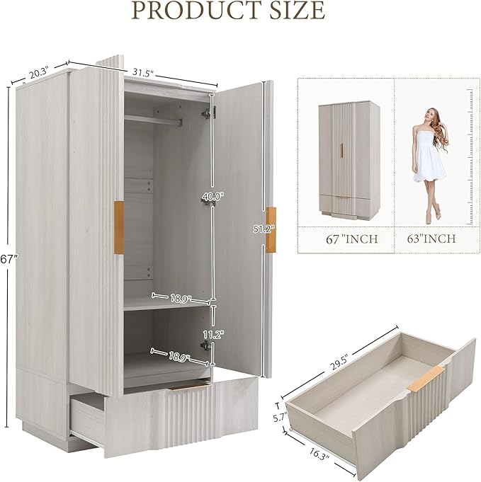 Brafab 67" Fluted Armoire Wardrobe Closet with Drawers and Doors, Wooden Wardrobe Cabinet with Adjustable Shelves, Modern Storage for Clothes, Wardrobe Wall for Bedroom, White(3 pcs)