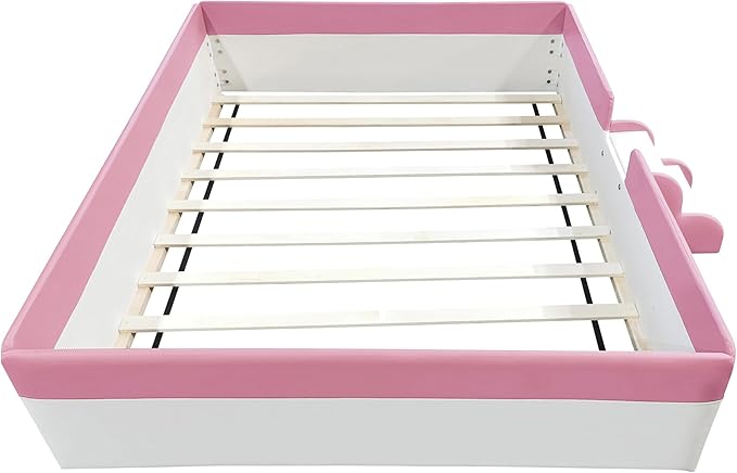 Merax Full Size Daybed Frame with Fence, Stairs, Upholstered Wood Bed for Living Room, Floor Bed, White+Pink