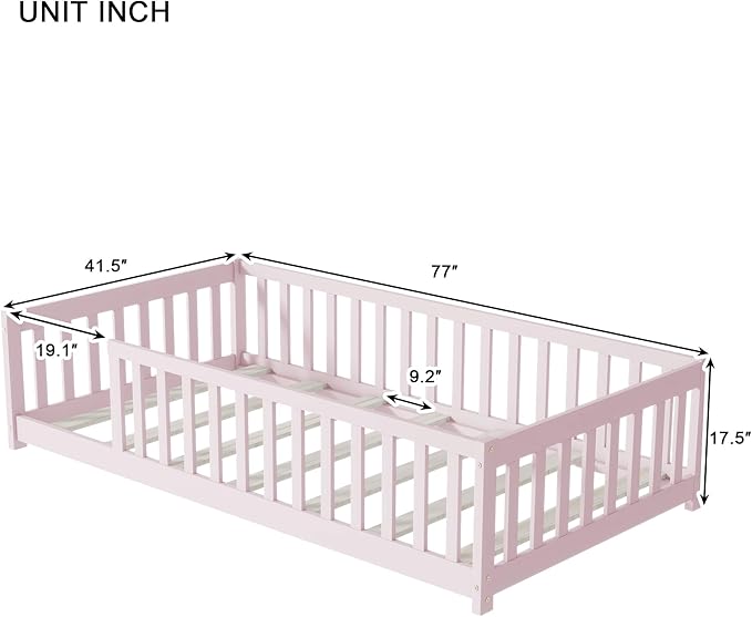 Bellemave Twin Floor Bed with Slats and Safety Guardrails, Twin Size Montessori Floor Bed with Fence and Without Door, Easy Assemble Montessori Beds Frame for Girls, Boys, Pink
