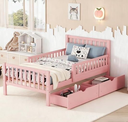 Bellemave Twin Bed Frames with Storage Drawers for Kids, Kids Bed with Rails, Twin beds Frame for Boys/Girls/Adults, Pink