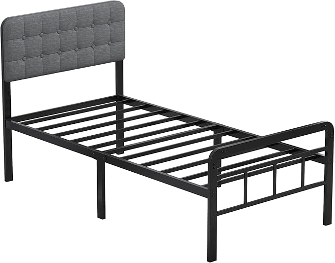 EMODA 16 Inch Twin XL Bed Frames with Upholstered Headboard and Metal Footboard, Heavy Duty XL Twin Metal Bed Frame, No Box Spring Needed, Easy Assembly