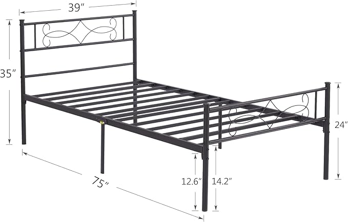 VECELO 2 Set 14" Twin Size Metal Platform Bed Frame with Headboard,Premium Steel Slat Support No Box Spring Needed,Noise-Free Anti-Slip,Easy Assembly