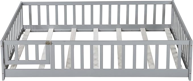 Bellemave Full Size Montessori Floor Bed Frame with Rails & Door, Solid Wood Kids Floor Bed Full with Removable Slats, Low Profile Montessori Bed for Children’s Sleep & Play, Grey