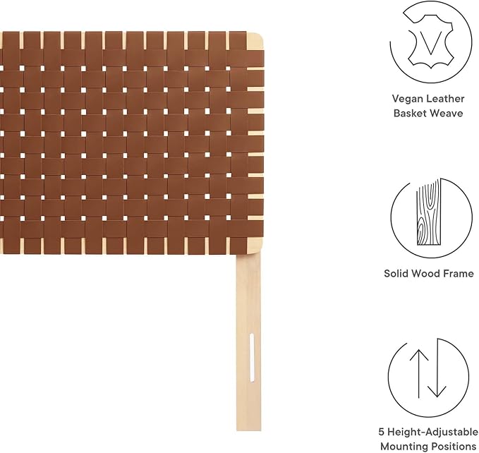 Modway Sparta Vegan Leather Weave Twin Headboard in Natural Brown Faux Leather Twin Headboard Only, Height Adjustable Headboard, Freestanding Headboard for Children's Bedroom or College Dorm
