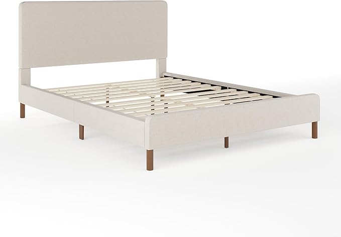 Martha Stewart Britta Platform Bed with Headboard & Footboard, Faux Linen Upholstery with Piping Detail, Rounded Headboard, No Box Spring Needed, Queen, Beige