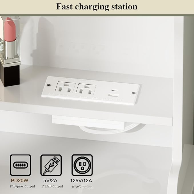 Ieejdn Makeup Vanity Desk with Mirror and Lights, Vanity Desk with 8 Drawers & Storage Shelves, Vanity Table with Power Outlet, 3 Color Modes & Adjustable Brightness Dressing Table, Bedroom,White