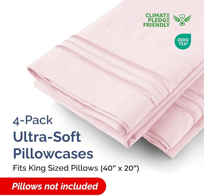King Pillow Cases Set of 4 - Ultra Soft Hotel Quality Pillowcase Covers - Comfy, Cozy & Wrinkle Free - Shrinkage and Fade Resistant - Machine Washable Pillow Protectors - 4 Piece Set - Lavender Pink