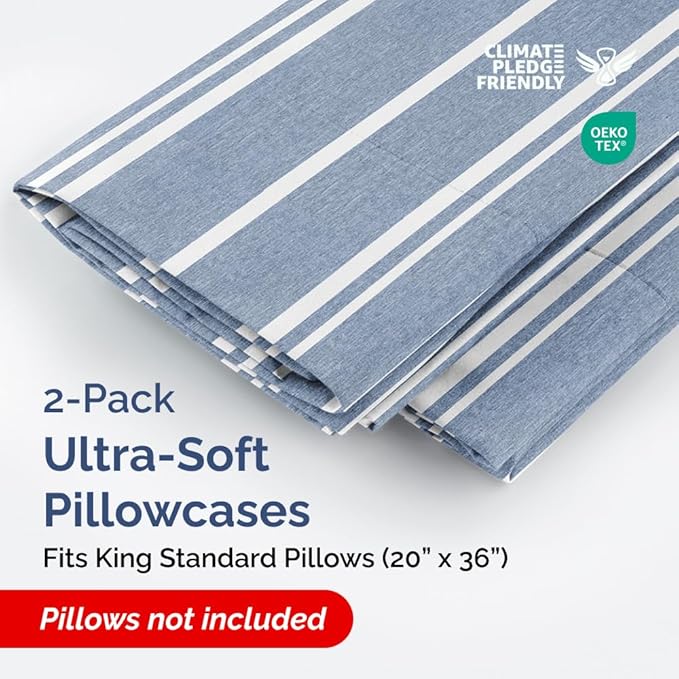 King Standard Pillow Cases Set of 2 - Ultra-Soft Hotel Quality Pillowcase Covers - Comfy, Cozy & Fade Free - Wrinkle Resistant - Machine Washable Pillow Protectors - 2 Piece Set - Blue Stripes 3