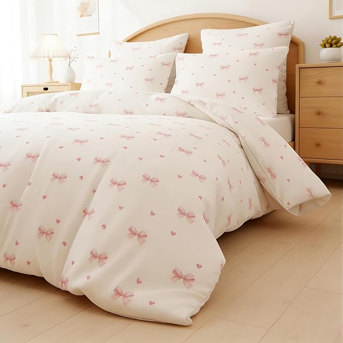 Nayoroom Pink Bow Duvet Cover Queen Size Coquette Pink Heart Duvet Cover 3 Pieces Soft Lightweight Microfiber Kids Girls Cute Aesthetic Dorm Bedding Set