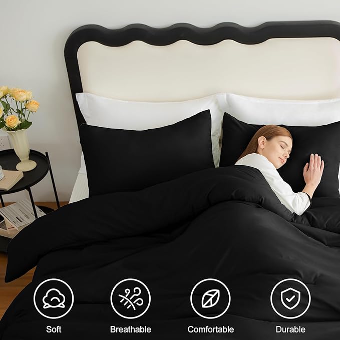 CozyLux California King Comforter Set Black, 3 Pieces Cal King Solid Breathable Bedding Quilted Sets for All Seasons, Luxury Soft Lightweight Bed Set with Down Alternative Comforter and 2 Pillowcases