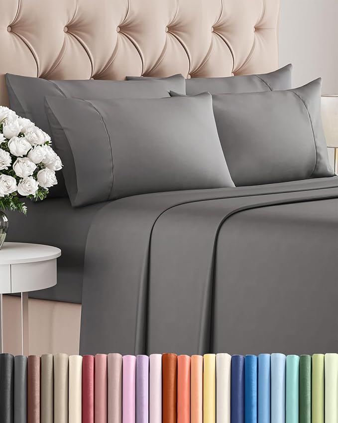 Cal King 6 Piece Sheet Set - Comfy, Breathable & Cooling - Soft Hotel Luxury Bedding for Women, Men, Kids, Teens and Children - 1 Flat & 1 Fitted Sheet & 4 Pillowcases with Deep Pockets - Dark Grey