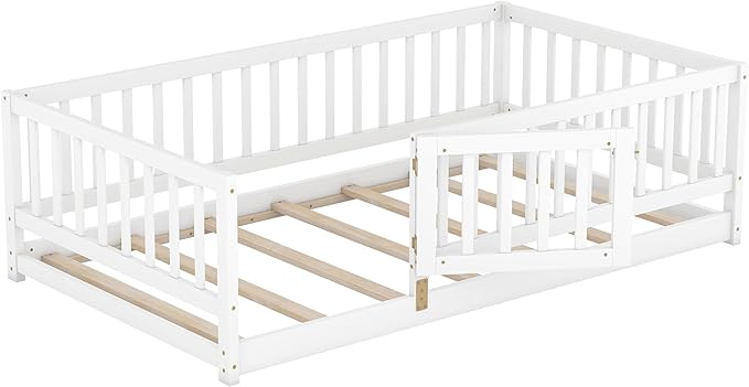 Bellemave Twin Size Montessori Floor Bed with 21.5" High Rails and Slats, Pine,Plywood Floor Bed with Small Door, White