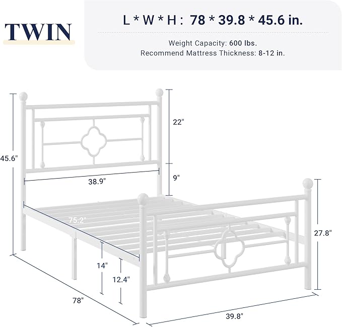 Allewie Twin Size Metal Platform Bed Frame with Victorian Vintage Headboard and Footboard/Mattress Foundation/Under Bed Storage/No Box Spring Needed/Noise-Free/Easy Assembly, White