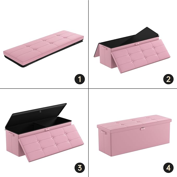 DocSafe Storage Ottoman Bench, Fireproof＆Waterproof Folding Bench with Lock(15”x 43”x15”), Leather Storage Chest with Handles＆2 Extra Boxes, Ottoman Safe for Bedroom,Living Room,Home Office, Pink