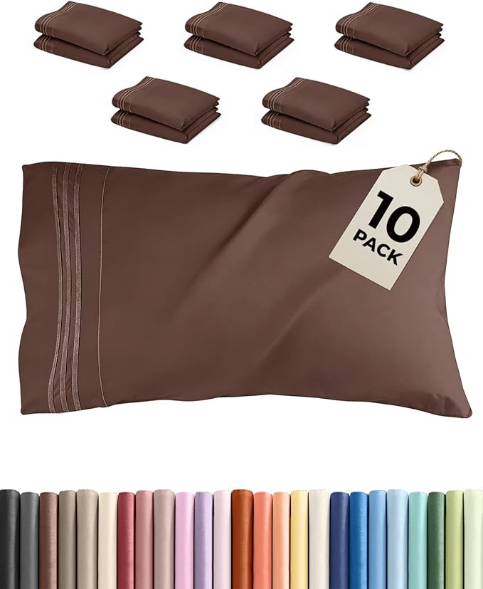 Queen Pillow Cases Set of 10 - Ultra Soft Hotel Quality Pillowcase Covers - Comfy & Wrinkle Free - Shrink, Stain and Fade Resistant - Easy-Care, Machine Washable Pillow Protectors - 10 Pcs Set - Brown