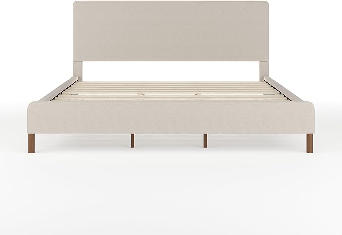 Martha Stewart Britta Platform Bed with Headboard & Footboard, Faux Linen Upholstery with Piping Detail, Rounded Headboard, No Box Spring Needed, King, Beige