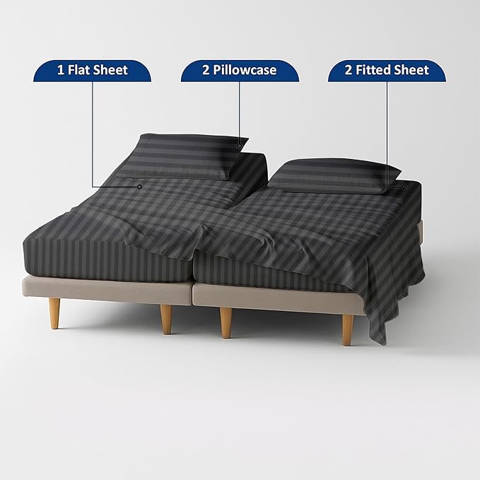 5 Piece Split Queen Sheet Set, 100% Egyptian Cotton, 16 Inch Deep Pockets, Dark Grey Stripe, Soft Cooling Sheets for Adjustable Beds, Sleep Number Beds, Split Queen Mattress Sheet Set