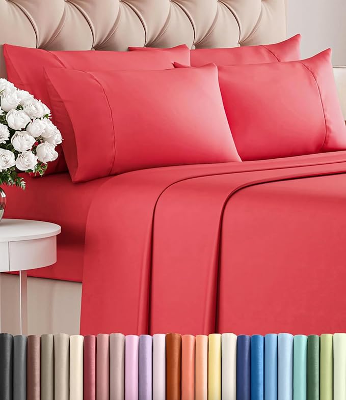 King 6 Piece Sheet Set - Comfy, Breathable & Cooling - Soft Hotel Luxury Bedding for Women, Men, Kids, Teens & Children - 1 Flat & 1 Fitted Sheet & 4 Pillowcases w/ Deep Pockets - Wrinkle Free - Red