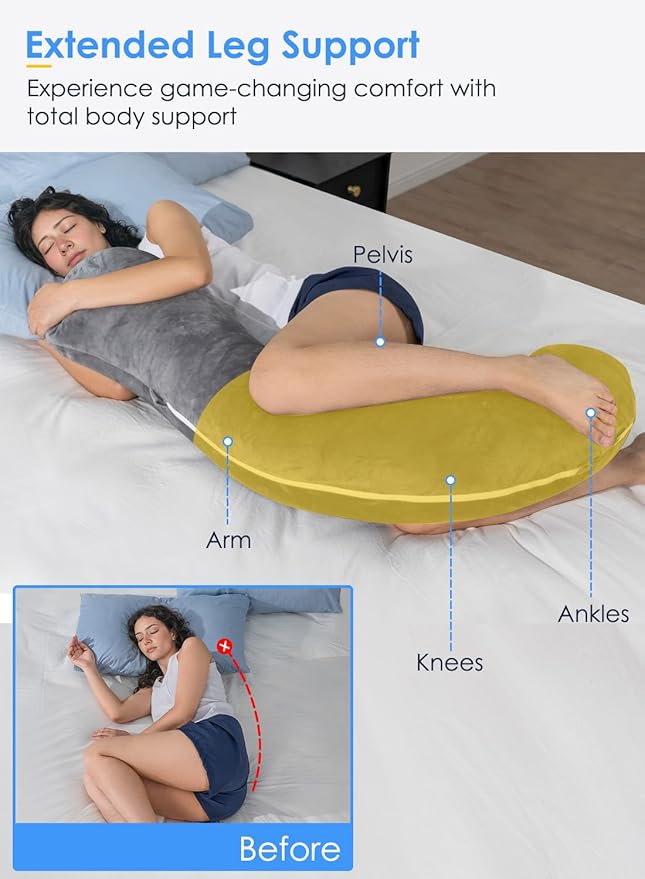 QUEEN ROSE Body Pillow for Side Sleepers, Soft Comfort S Shaped Hug Pillow for Adults, Full Body Support, Velvet Grey