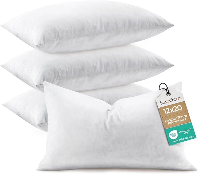 Feather Throw Pillow Inserts Set of 4, Soft Fluffy Rectangle 12 x 20 Inches Decorative Pillow Insert, Feather and Down Filled Euro Pillows for Bed, Couch and Cushion
