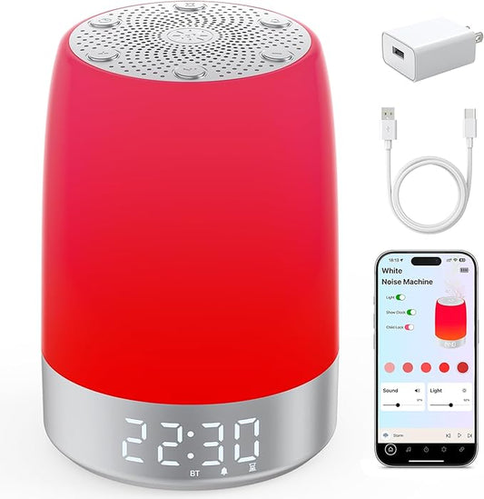 Smart Red Light Therapy Lamp & Sleep Sound Machine for Bedroom with Alarm Clock, 32 White Noises Sound Machine, Night Light with App Control, 5-Level Red Light (620–690nm), 2600mAh Battery（Large）
