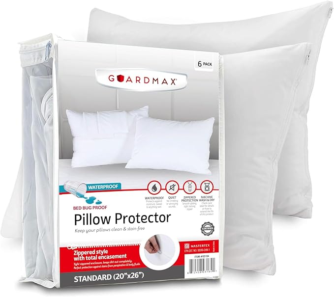Guardmax Jersey Knitted Pillow Protector with Zipper Standard Size - 4 Pack -100% Waterproof, Bed Bug Proof, Dust Mite Proof, & Hypoallergenic Pillow Covers - Premium Zippered Pillow Cases. (20 X 26)