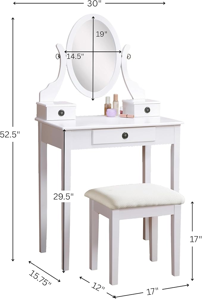Roundhill Furniture Moniya White Wood Vanity Table and Stool Set (3415WH) Medium