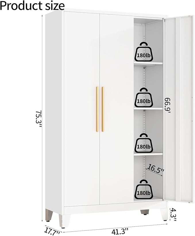 75.3" Tall Metal Wardrobe Closet - Large Clothing Storage Cabinet with 2 Doors, 5 Adjustable Shelves & 1 Hanging Rod - Closet Organizer for Bedroom, Office, Laundry Room, Garage - White