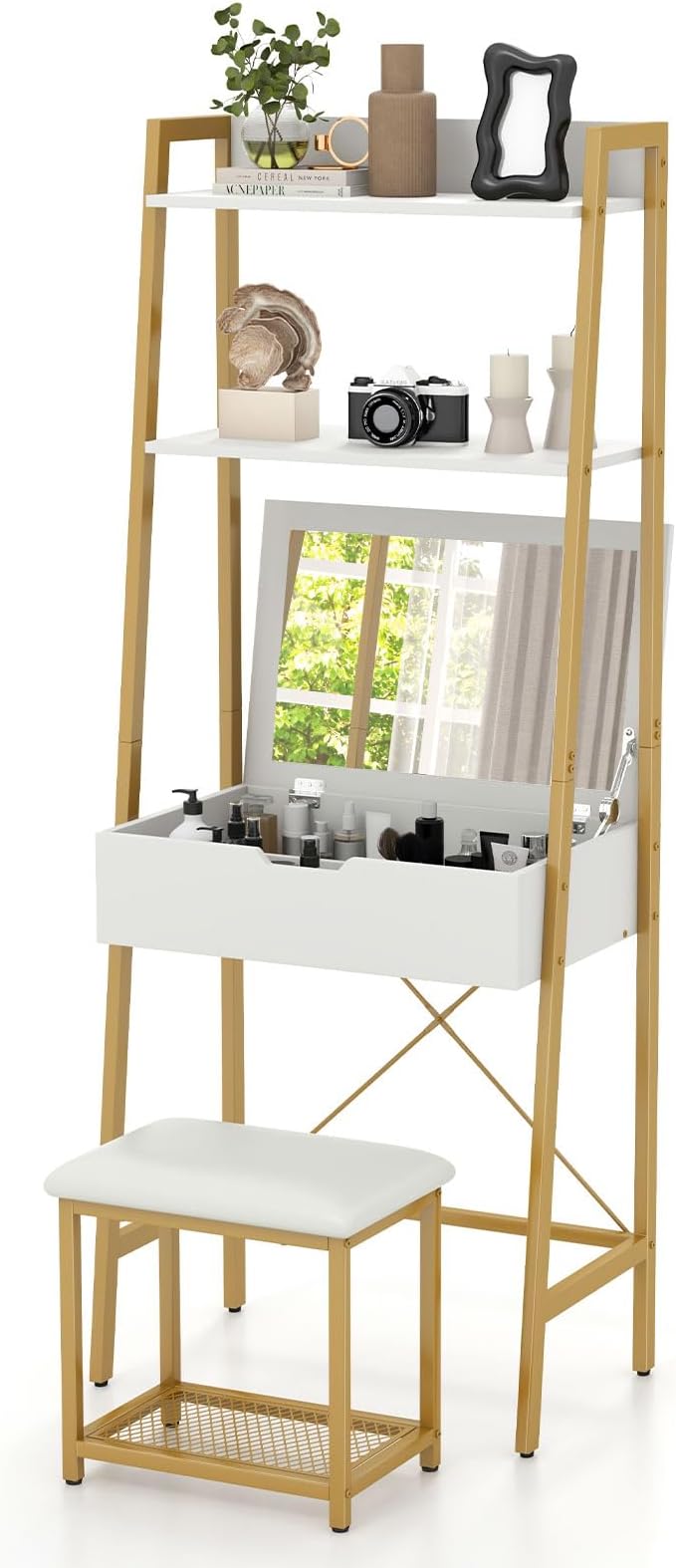 COSTWAY Vanity Desk Set with Flip-up Mirror, Ladder Vanity Table and Cushioned Stool Set w/ 4 Storage Compartments, Small Makeup Vanity Dressing Table for Small Spaces, Bedroom (White + Gold)