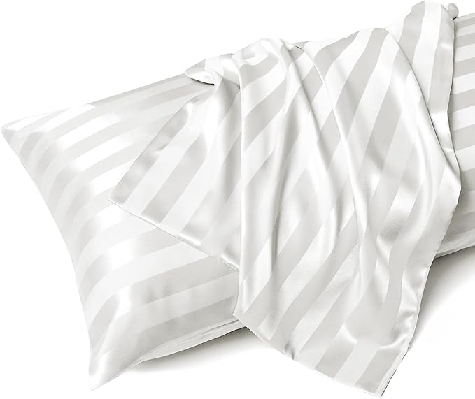 MR&HM Satin Body Pillow Cover, Soft and Breathable Body Pillow Case with Envelope Closure, Cooling and Silky Long Pillowcase for Hair and Skin,Grey (20x54, Ivory Striped)