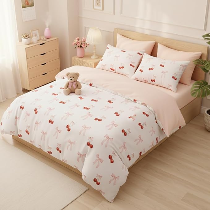 Nayoroom Pink Bow Duvet Cover Full Size Reversible Red Cherry Duvet Cover 3 Pieces Soft Lightweight Microfiber Kids Girls Cute Aesthetic Dorm Bedding Set