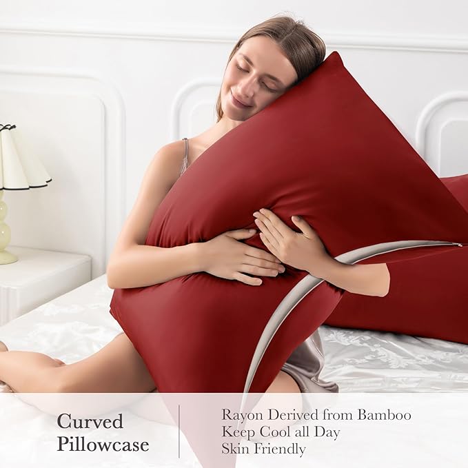 Curved Pillow Case Queen Size, Side Sleeper Pillow Cases Cover Cooling Rayon Derived from Bamboo with Zipper for hot Sleepers Hair and Skin, Breathable Silky Soft Pillowcase 1 Pack 20 * 30 Inches