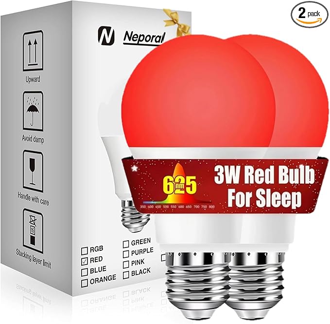 Neporal 625nm Red Light Bulbs for Sleep 3W, 100% Blue Light Blocking Bulbs for Melatonin Promote, A19 40W Eq. Soft Red Night Light Bulb for Sleep, Read, Baby Nursery 2PK (White When Off, Red When on)