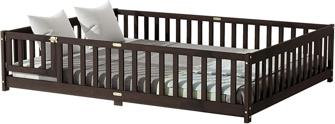 Bellemave Queen Floor Bed Frame with Rails and Door, Solid Wood Montessori Queen Size Floor Bed, Low Profile Montessori Beds with Removable Slats, Espresso